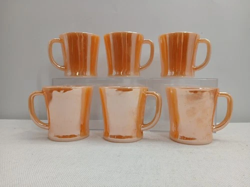 LOT of 6 Anchor Hocking Fire King Peach Luster D Handle Coffee Mugs Made in USA