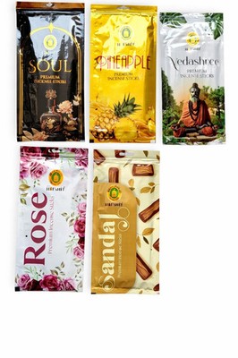 Incense Sticks Agarbatti Pack 5 Fragrances Sandal Rose Pineapple Soul Vedashree