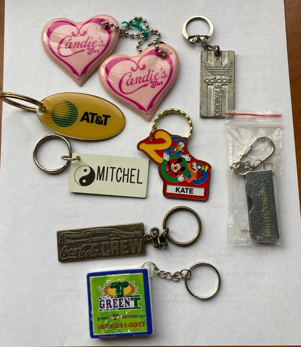 ADVERTISING KEY CHAIN LOT OF 9 COCA COLA, ADIDAS, DISNEY, GREEN