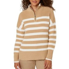 LAND'S END NWT Quarter Zip Striped Sweater Tan White Size XXL