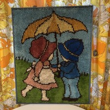 VINTAGE HOLLY HOBBIE Rainbow Completed Carpet Yarn Latch Hook Wall Art Framed
