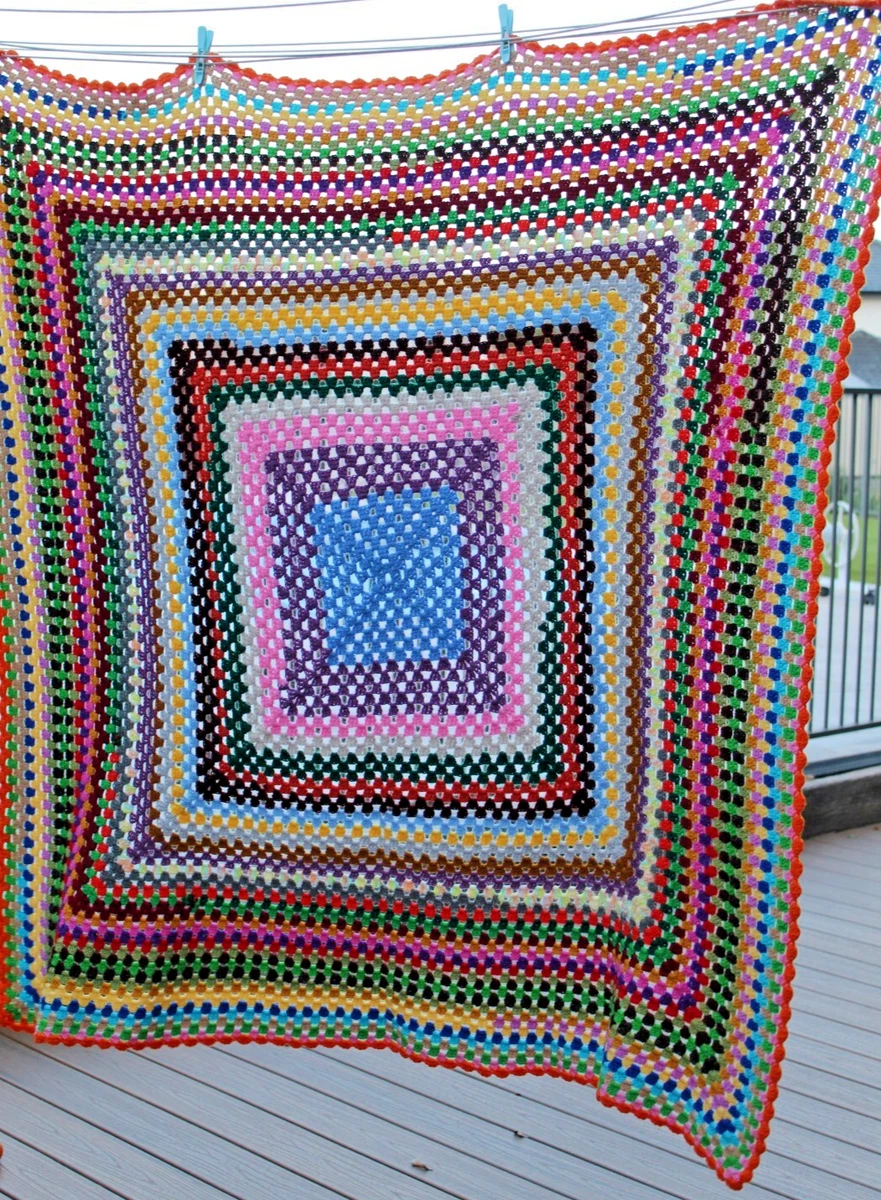 Crochet Knit Light Wool Rug 125 x 125 cm Handmade Rainbow Square-Stripe 900-gram