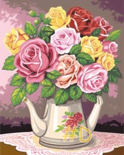 Colorful Bouquet of Roses in a Teapot Printed Needlepoint Canvas FA184-2
