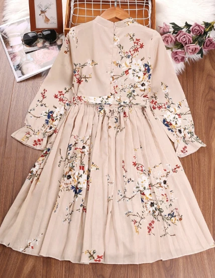 Girls Floral Print Flounce Sleeve Pleated Hem Belted Dress eBay