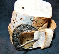 EUC Fossil L 36 - 40" Gold Silver Ivory Pierced Leather Patches Embossed Belt