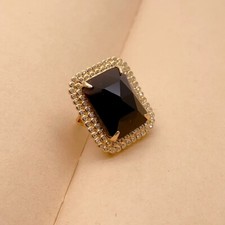 Onyx Rectangle Cz Pave Ring Gold Plated Adjustable Ring Fashion Party Jewelry