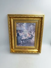 V Gilbert The Flower Cart Painting Print Hand Varnished Gold Tone Ornate Frame