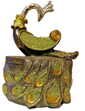 Peacock Lidded Trinket Box Pier One Textured Green Sparkle Candy Bowl 4" Round