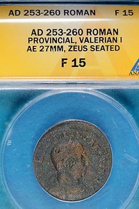 AD253-260 ANACS F15 Roman Provincial, Valerian 1, Zeus Seated!! #B7118