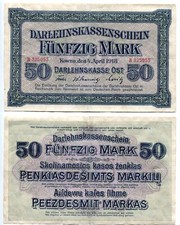 50 Mark Kowno 4.4.1918 Serie B  Darlehenskasse Ost, Erhaltung III+  Ros. 469