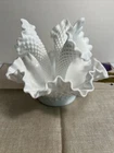 Vintage Fenton White Milk Glass 3 Horn Hobnail Epergne Ruffled Flower Vase Beaut