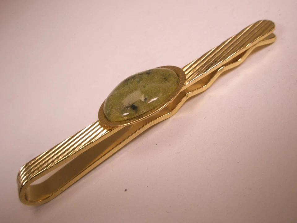 Clip de barra de corbata vintage de piedra verde musgo de 2-1/8" diseño simple de calidad liso Foto 4 de 4
