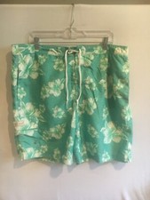Chaps Green White Men's Floral Swim Trunks Bathing suit Sz XL Elastic Tie Waist