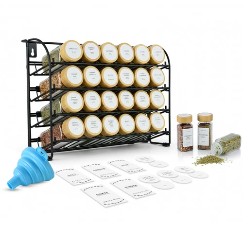 2-in-1 Spice Rack Stand 4 Tier Black with 24 Pcs Jars Kitchen Organizer for Herb - Picture 1 of 9