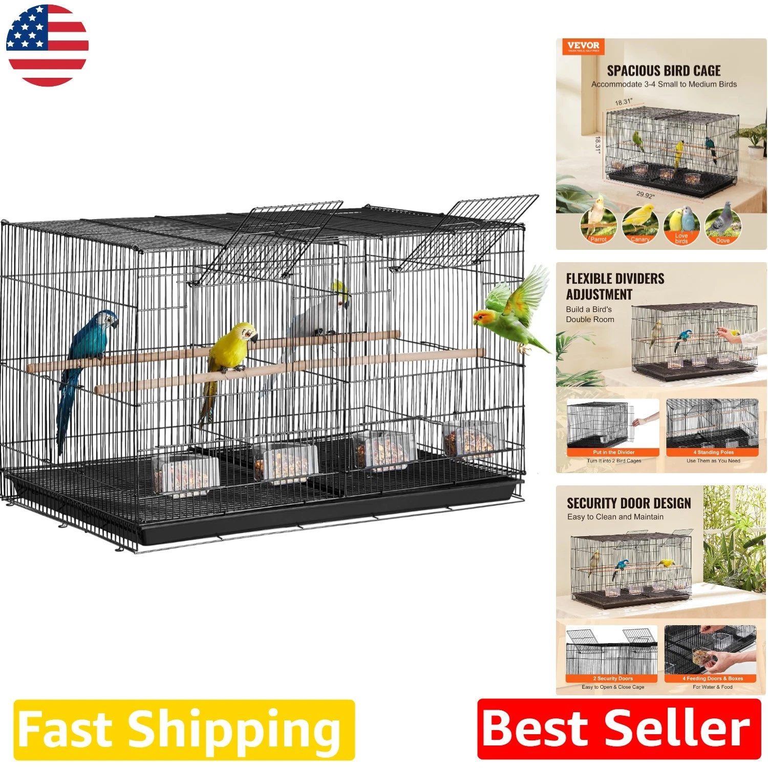 Durable 30" Stackable Parakeet Cage: Dividable, Secure Doors, Easy Clean Black
Opens in a new window