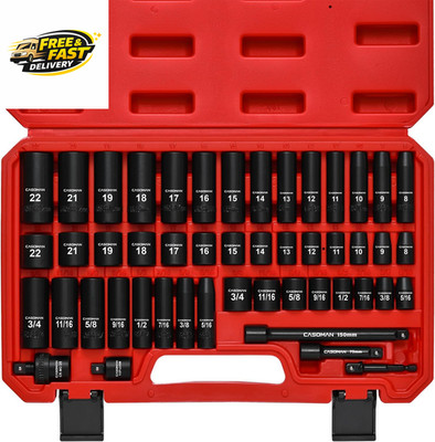 3/8'' Drive Impact Socket Set, 49 Piece Standard SAE and Metric Sizes (5/16-Inchx