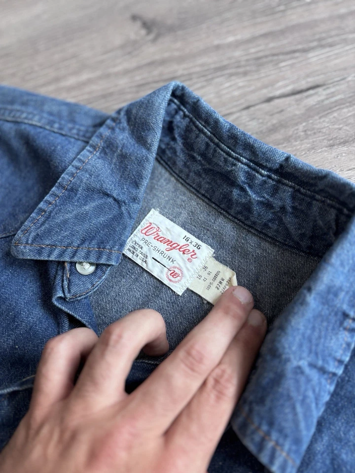 Vintage 70s Wrangler Denim Shirt Pearl Snap Western Cowboy USA Made Mens 16x36 - Image 2 of 4