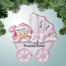 Buggy Baby with Bow - Girl - Personalized Ornament - Baby's First Christmas