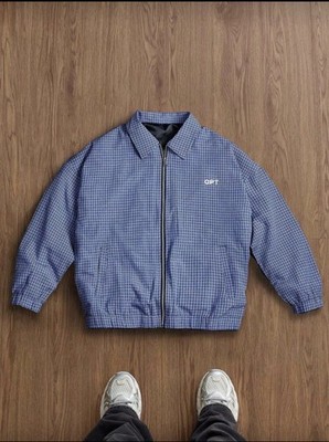 OPT Plaid Zip Bomber Jacket Blue White Point Collar Elastic Cuffs Men s Casual