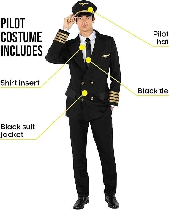 Schwarzes Pilot Kostüm Herren Fluglinienpiloten Uniform Karneval Halloween M-3XL - Bild 2 von 4
