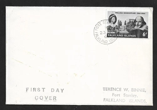 FALKLAND IS PORT STANLEY LOCAL SHAKESPEARE ANIVERSARY FIRST DAY COVER 1964