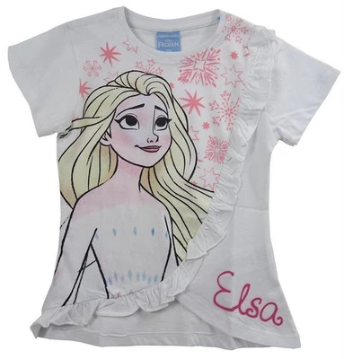 Frozen Elsa T-Shirt Mädchen 100% Baumwolle Rüschen Weiß Kinder Gr. 110 128  - Bild 1 von 2