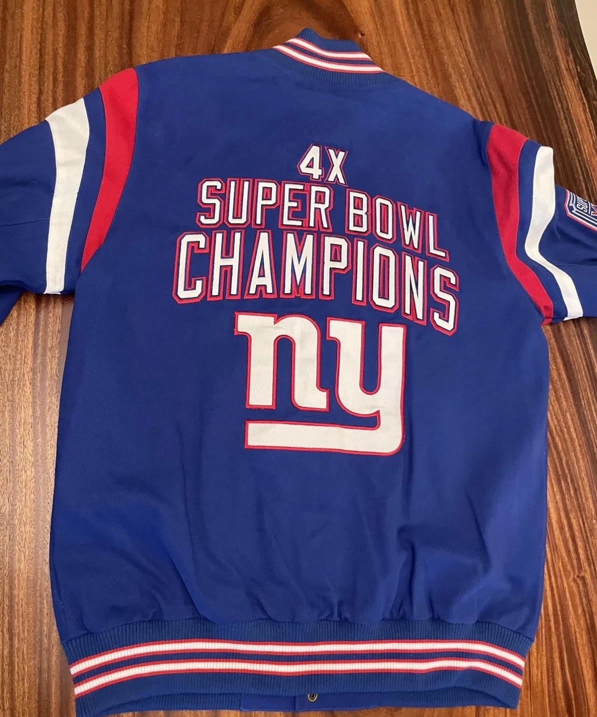 New Large Mens New York Giants 4 Time Super Bowl Champ Bomber Patch Jacket