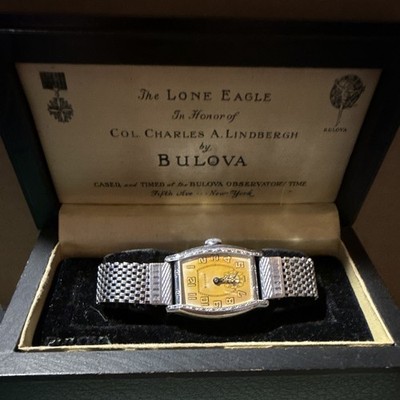 Bulova Lone Eagle   Vintage   Gold Dial   Silver Metal Bracelet   Original Box