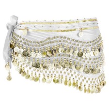 Belly Dance Hip Scarf 59x11" with 248 Gold Coin, White