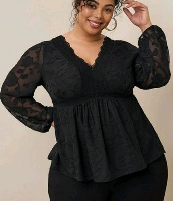 Torrid Blouse Top Sz 3 Black Clip Floral Long Sheer Sleeve Babydoll Whimsy Goat