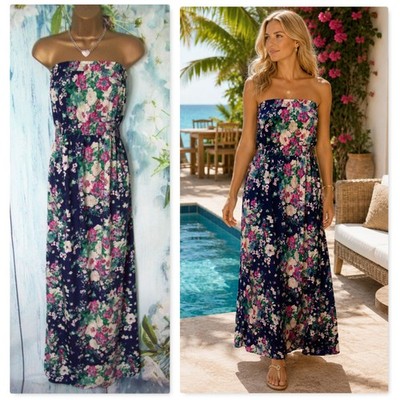 Next Strand-Maxikleid Bandeau marineblau rosa Blumen Größe 16 Urlaub Sommer Boho