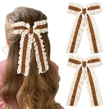 2PCS Velvet Hair Bows Lace Hair Ribbon Clips Big Brown Fall Alligator Clips H...