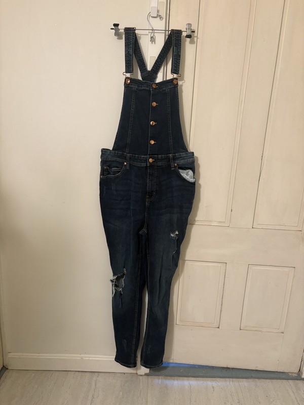 Women’s 1X- Dark Wash Distressed Overalls By Celebrity Pink, Pre Owned Excellent