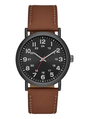 Men's Easy Read Watch Black Dial Gunmetal Case Cognac Vegan Leather Band