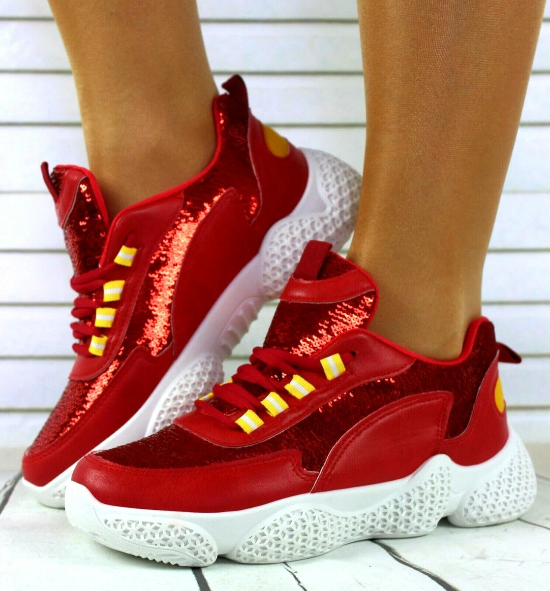 WOMENS RED SEQUIN LACE UP CHUNKY SOLE SNEAKERS WOMEN TRAINERS SHOES UK 3 UK 4