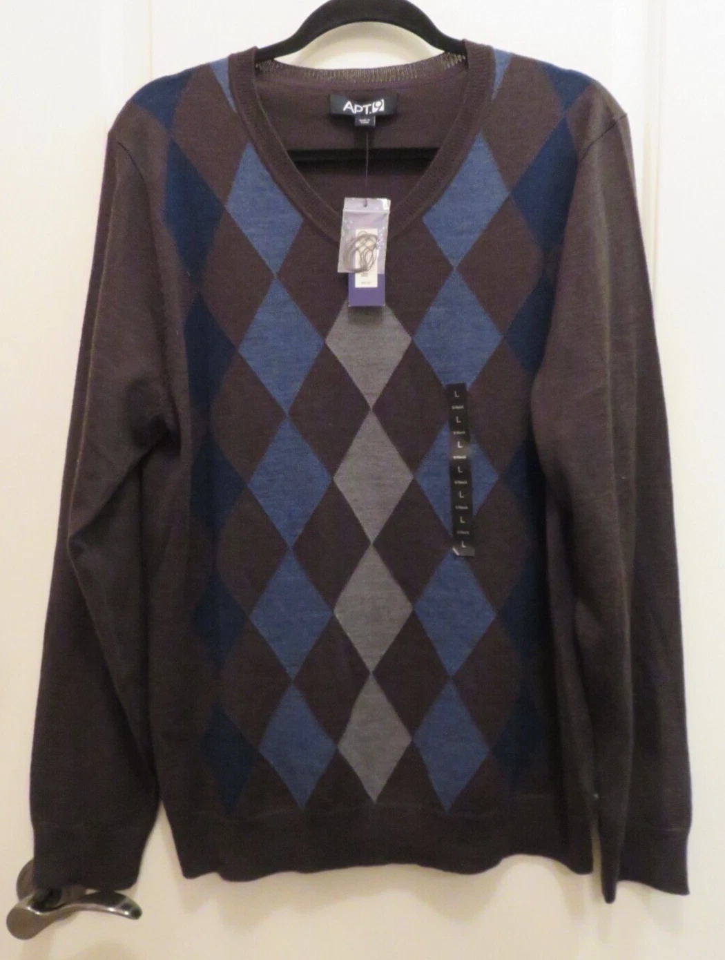 APT. 9 MENS LONG SLEEVE MERINO WOOL CLASSIC ARGYLE SWEATER BROWN BLUE LARGE