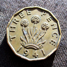 OLD THREE PENCE 1941 COIN OF UNITED KINGDOM WORLD WAR II KING GEORGE VI