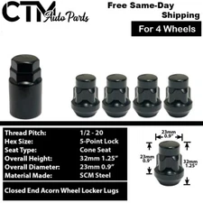 4x Black 1/2-20 Cone Seat Anti-Theft Wheel Lock Lug Nut + Key Fit Ford Models
