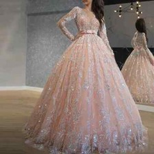 Pink Ball Gown Evening Dresses Sequins Lace Prom Gowns Women Long Sleeves