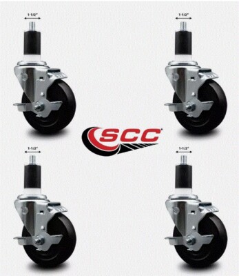 4 Inch Hard Rubber Swivel 1-1/2 Inch Expanding Stem Caster Set with Brake SCC
