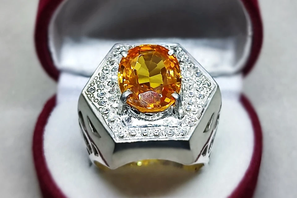 Oval Cut 13 Ct Deep Yellow Citrine Sterling Silver 925 Handmade Mens Heavy Ring - Image 3 of 4
