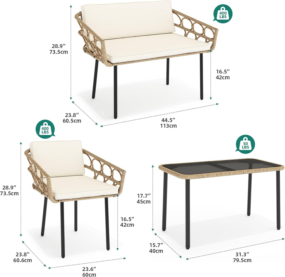4 Pieces Patio Furniture Set, Wicker Outdoor Bistro Set, AllWeather