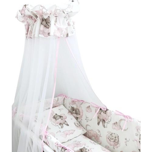 Babywiege Schaukelwiege Massivholz Weiss inkl. Bettset Teddy und Freunde rosa