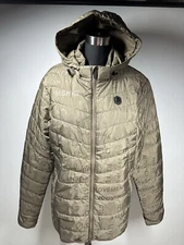 Samshield Women's LARGE Puffer Jacket  Hooded Logo  Full Zip Quilted Khaki NWOT