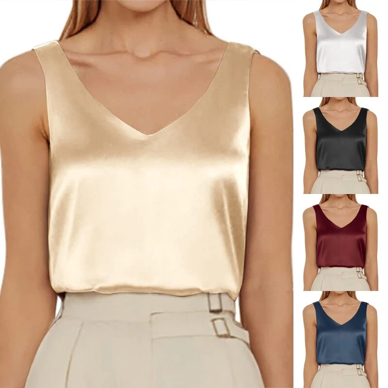 Womens Sleeveless Silk Satin Vest Tops Ladies V Neck Casual Solid Tank T Shirt