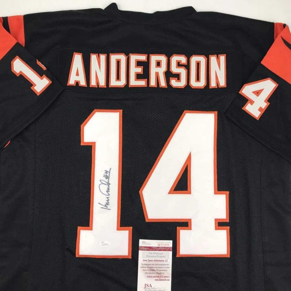 Camiseta de fútbol americano negra autografiada/firmada de Ken Anderson Cincinnati certificado de autenticidad JSA automática Foto 2 de 4