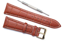 23mm Brown/White Crocodile Grain Leather Watch Band Gold Tone Buckle With Tool