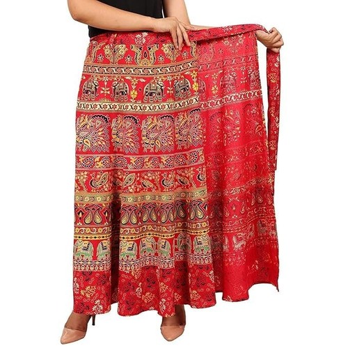 Womens Jaipuri Wrap Around Cotton Printed Maxi Skirt, Red, Pack of 1