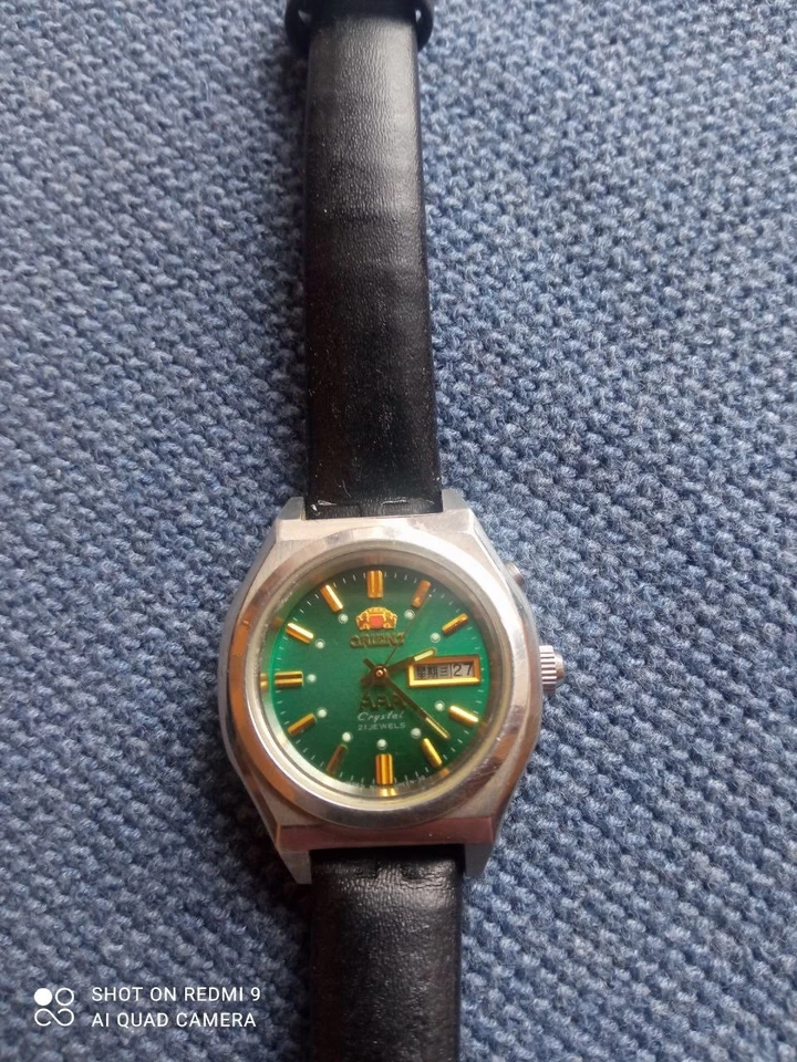 Antigo Relógio Automático Orient Feminino 25mm Mostrador Verde Tom Prata 21 Joias Data Dia - Imagem 2 de 4