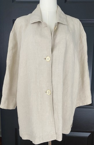 J. Jill Large Beige Linen Jacket Buttons 3/4 Sleeve Relaxed Fit Lagenlook Lagom - Picture 2 of 9